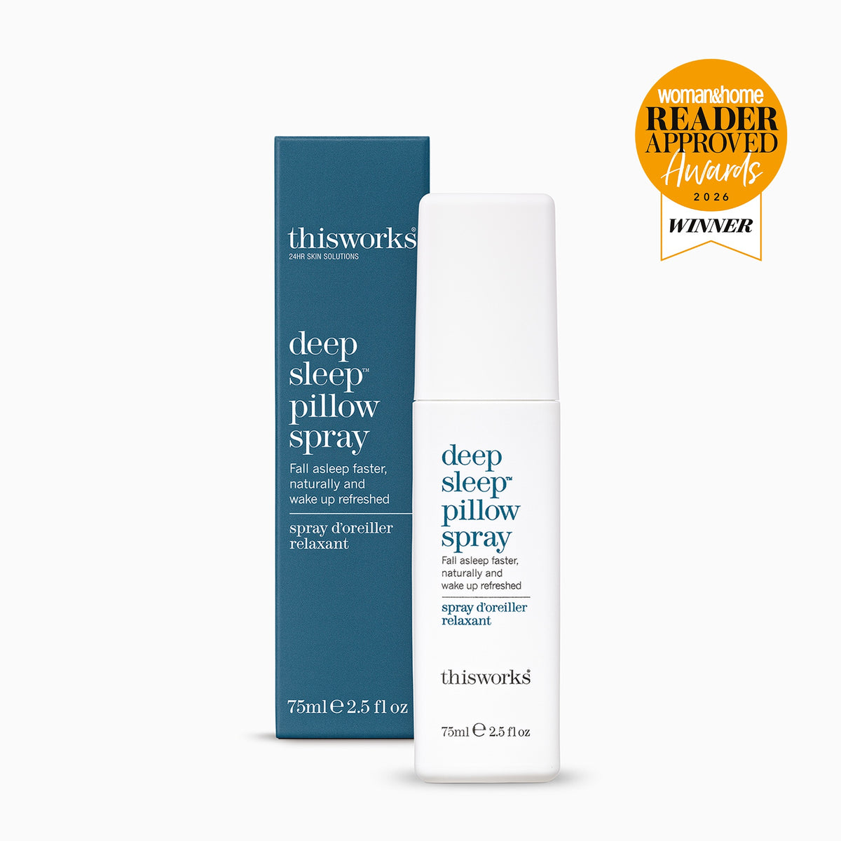 Thisworks Deep Sleep Pillow Spray shown with its teal and white product box and the white spray bottle itself, set against a clean white background with a gold Woman's Home Reader Approved Awards 2026 Winner badge in the top right corner.